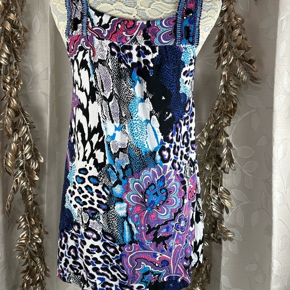 Joyous & Free Beaded Boho Tunic Tank Top M – Vibrant & Flowy 90 Lisa Frank Vibes - Picture 5 of 9